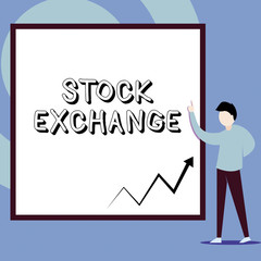 Conceptual hand writing showing Stock Exchange. Concept meaning An electronic market where owners of businesses get together Man standing pointing up blank rectangle Geometric background