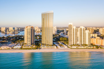 Fototapeta na wymiar Aerial panorama of skyline at waterfront of South Florida