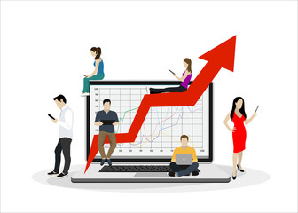 Business graph growth concept vector illustration of professional people working as team and sitting on growing chart. Flat people using laptops to develop business. White business background