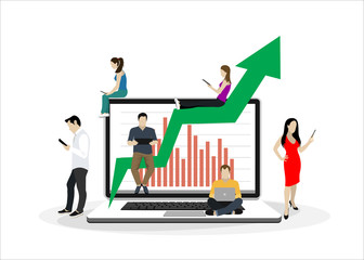 Obraz na płótnie Canvas Business graph growth concept vector illustration of professional people working as team and sitting on growing chart. Flat people using laptops to develop business. White business background