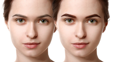 Young woman before and after eyebrows correction on white background