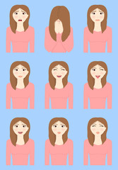 Set of different emotions and facial expressions of a woman: she is scared, crying, rejoices, laughs, winks and kisses. Character in pink clothes on a blue background. Vector illustration