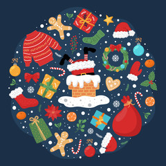 Christmas and New Year vector collection with seasonal elements on dark blue background.