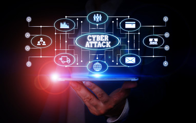 Conceptual hand writing showing Cyber Attack. Concept meaning attempt by hackers to damage or destroy a computer network Male wear formal suit presenting presentation smart device