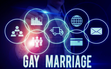 Writing note showing Gay Marriage. Business concept for entered into in a civil or religious ceremony of the same sex Woman wear formal work suit presenting presentation using smart device
