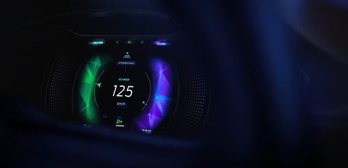 Close up of car cockpit with hi-tech dashboard UI (3D Illustration)