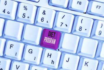 Handwriting text writing Diet Program. Conceptual photo practice of eating food in a regulated and supervised fashion White pc keyboard with empty note paper above white background key copy space