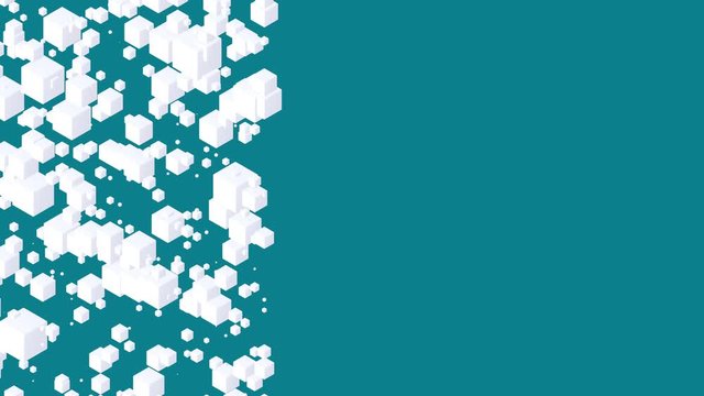 Simple abstract floating white cubes. Clean space left for your text, design, logo, banner. Soothing motion design. Colors: white, mosaic blue background. 4K seamless loop