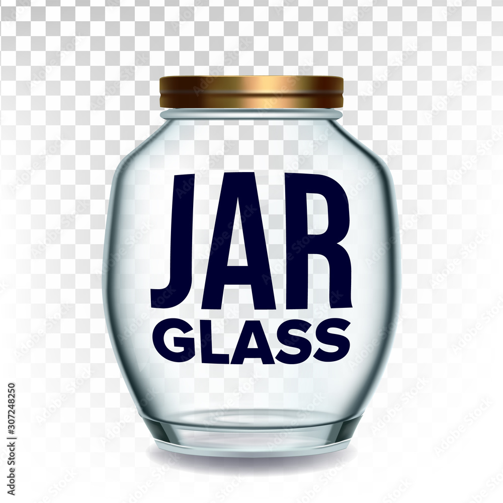 Sticker jar glass closed by golden cap for jam vector. glossy empty glass bottle for storaging breakfast swe