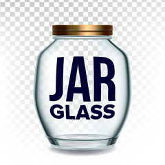Jar Glass Closed By Golden Cap For Jam Vector. Glossy Empty Glass Bottle For Storaging Breakfast Sweet Nutrition Transparency Background. Glassware Template Realistic 3d Illustration