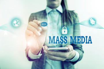 Word writing text Mass Media. Business photo showcasing Group showing making news to the public of what is happening Female human wear formal work suit presenting presentation use smart device