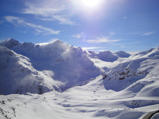 Beautiful panorama of mountains. Winter sunny day.            