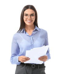 Beautiful young businesswoman with documents on white background