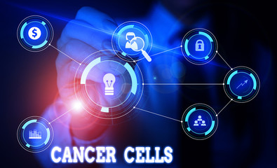 Handwriting text writing Cancer Cells. Conceptual photo forming solid tumors or flooding the blood with abnormal cells Woman wear formal work suit presenting presentation using smart device