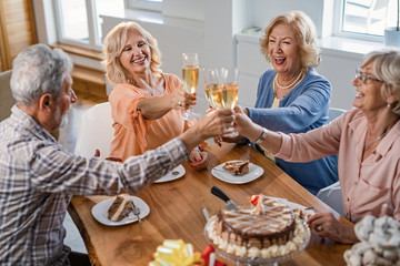 Cheerful mature people celebrating birthday and toasting with champagne at home.
