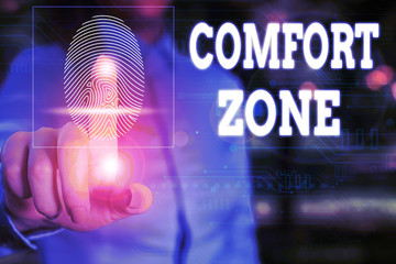 Conceptual hand writing showing Comfort Zone. Concept meaning place or situation where one feels safe and without stress Woman wear work suit presenting presentation smart device