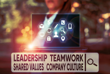 Text sign showing Leadership Teamwork Shared Values Company Culture. Business photo text Group Team...
