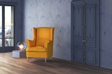 Retro luxury empty living room yellow armchair 