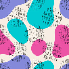 Vector seamless pattern with round dotted elements and fluid shapes. Trendy geometric background.