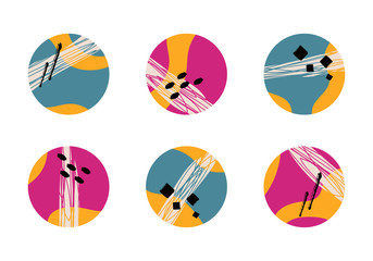 Vector set of various colorful highlight covers for social media stories. Abstract round icons with liquid shapes, lines, geometric elements. Hand drawn templates, perfect for bloggers