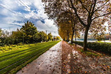 Colorful pathwalk in Strassbourg, representing seasons of the year, separated quarters, near euro...
