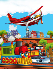 Cartoon funny looking steam train on the train station near the city and flying fireman plane - illustration for children