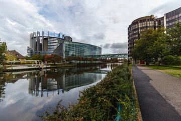 View on the Europarliament in Strassbourg in France, on the river Rhine, European union
