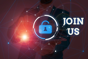 Conceptual hand writing showing Join Us. Concept meaning Register in community Team or blog Sign up at social media Male wear formal suit presenting presentation smart device