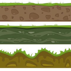 Soil seamless layers. Layer of soil with grass and stones. The texture of the cut soil. Vector graphics.