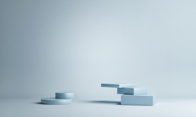 Mock up podium scene with two pedestal on blue background, 3d render, 3d illustration