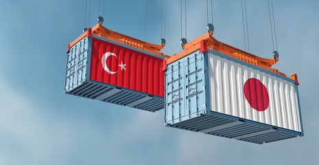 Two freight container with Turkey and Japan flag. 3D Rendering
