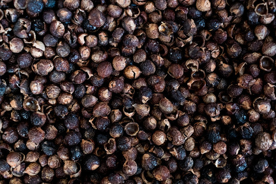 High angle close up of dried brown soap nuts.