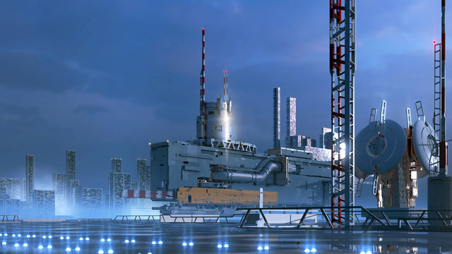 Science fiction city with technological architecture