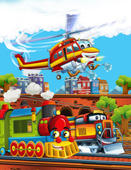 Cartoon funny looking steam train on the train station near the city and flying fireman helicopter - illustration for children