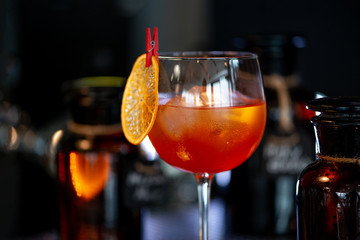 Venetian spritz cocktail in the interior of a bar or restaurant. Close-up.