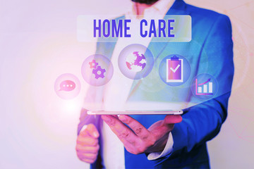 Text sign showing Home Care. Business photo text Place where showing can get the best service of comfort rendered Male human wear formal work suit presenting presentation using smart device