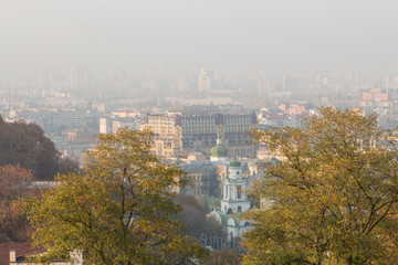 city at sunset in the fog. Kiev, Ukraine.
