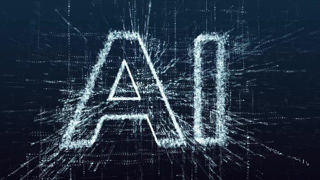 The concept of artificial intelligence. Animation consisting of numbers and symbols. Machine learning and the superiority of the digital future. Robotics machine and deep learning. Symbol AI.