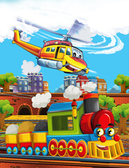 Cartoon funny looking steam train on the train station near the city and flying emergency helicopter - illustration for children