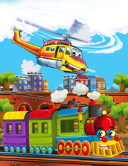 Cartoon funny looking steam train on the train station near the city and flying emergency helicopter - illustration for children