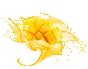 mango in juice splash isolated on a white background - obrazy, fototapety, plakaty