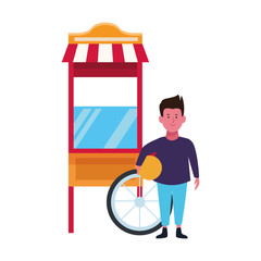 happy boy and popcorn cart icon, flat design