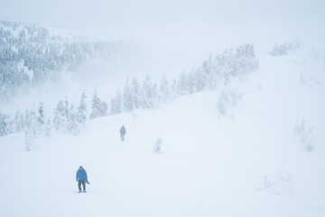 Lost tourists in the mountain fog in winter