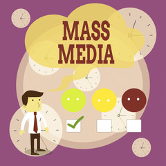 Writing note showing Mass Media. Business concept for Group showing making news to the public of what is happening White Questionnaire Survey Choice Satisfaction Green Tick