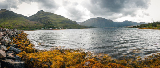 Typical scotland landscape sea view with cloudy weather with yellow seaweed covered rocks in foreground