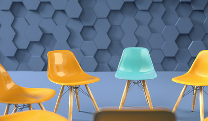 circle of modern design chairs with one odd one out. Job opportunity. Business leadership....