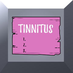 Conceptual hand writing showing Tinnitus. Concept meaning A ringing or music and similar sensation of sound in ears Wooden plank slots grooves wood panel colored board lumber