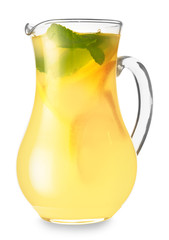 Jug of fresh lemonade on white background
