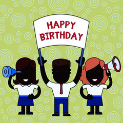 Word writing text Happy Birthday. Business photo showcasing The birth anniversary of a demonstrating is celebrated with presents People with Blank Banner, Megaphone and Spy Glass Peaceful
