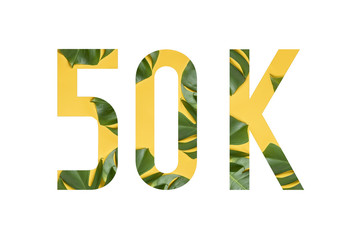 50k flower font made of real alive flowers monstera on yellow background with paper cut shape of letter. Social media followers content